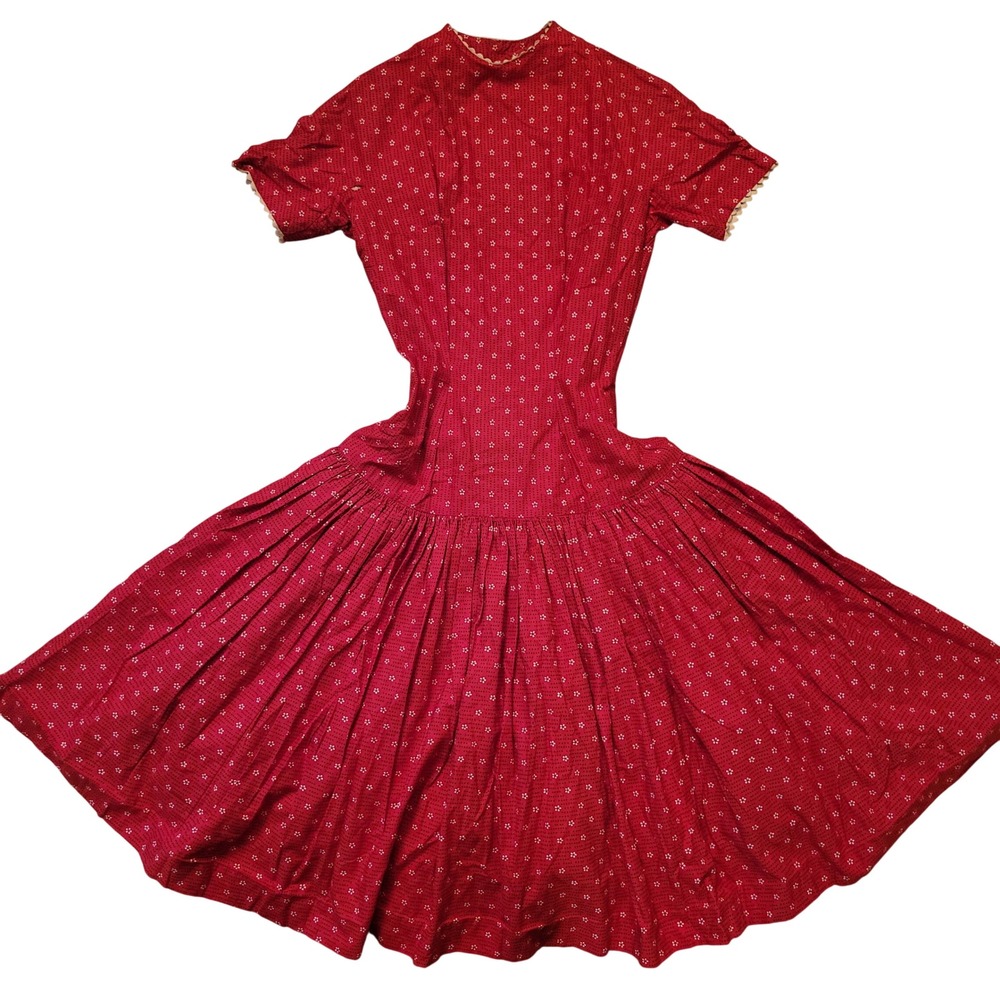 Lanz 7 Red Prairie Dress Vintage S Floral Dainty Ditzy Swing Dance Cottage Boho